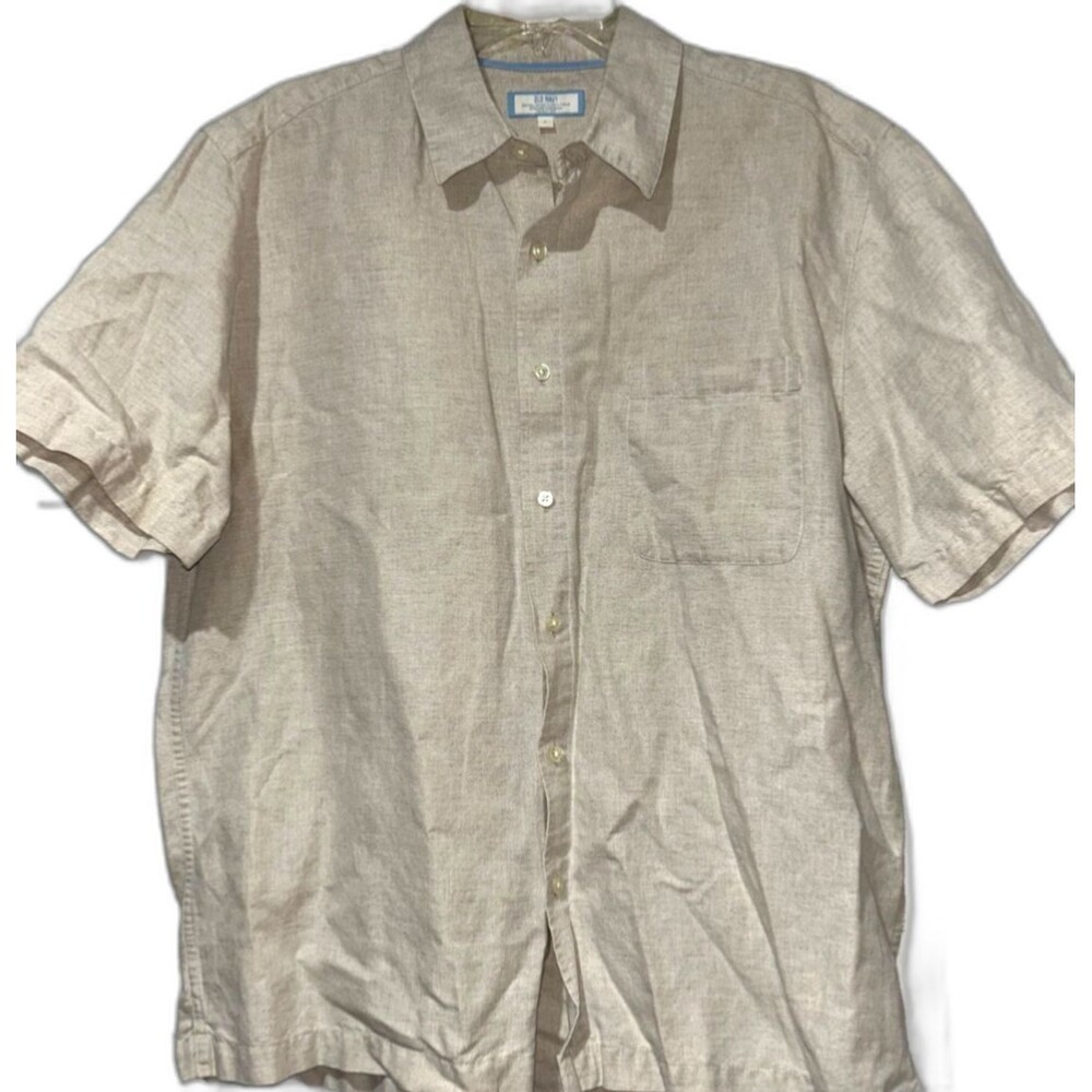 Old Navy Vintage Mens Size L Linen Cotton Button Down Short Sleeve Shirt Natural